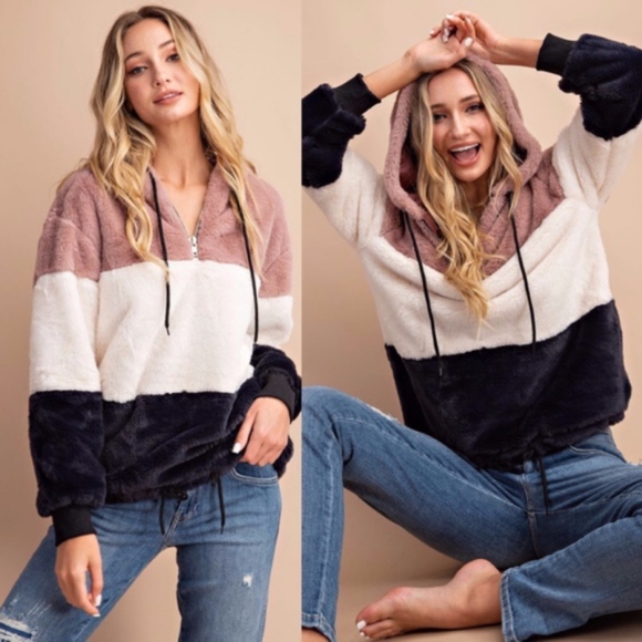 BellanBlue Tops - 027 Cozy Color Block Vegan fur Hoodie Top